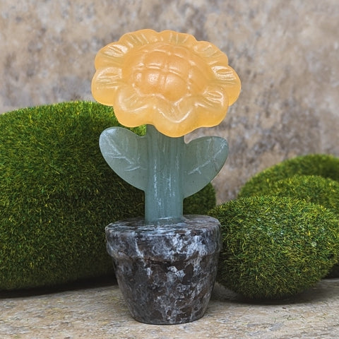 Potted Yellow Calcite Flower Carving~CREMFYCA